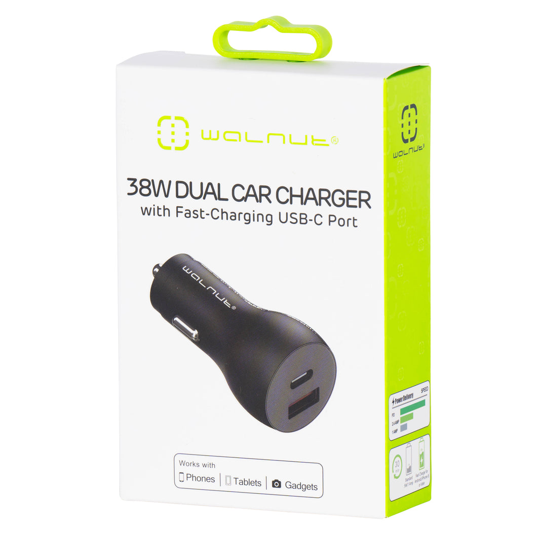 38W Dual Car Charger with Fast-Charging USB-C Port